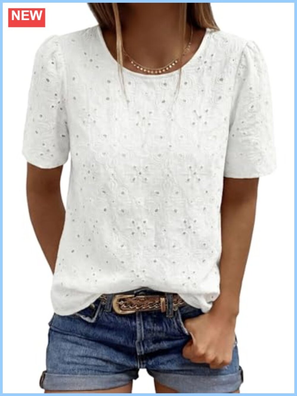 Women's Embroidered Eyelet Short Sleeve Blouse Cotton Lightweight Puff Sleeve
